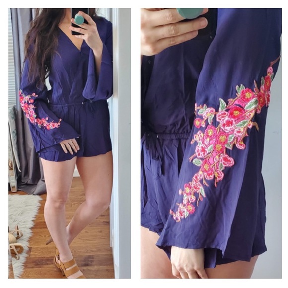 Navy  floral embroidered romper - Picture 3 of 8